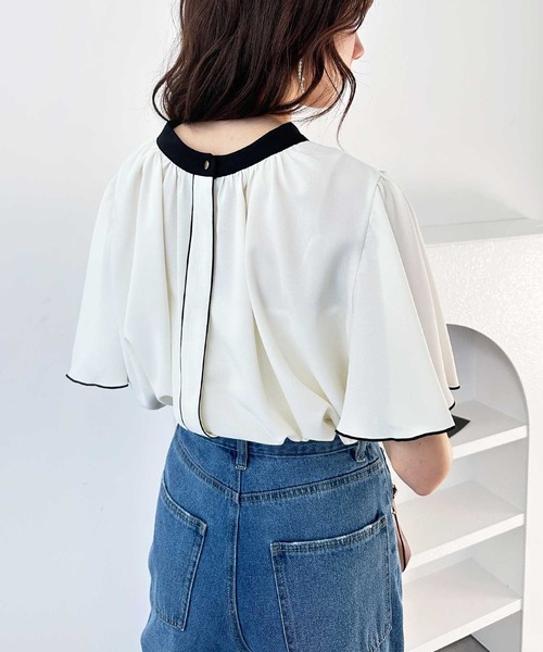 GeeRA（ジーラ）の「夏コーデに大活躍！前後2WAY配色フレアー袖ブラウス（シャツ/ブラウス・レディース・ベージュ/ブラック/アイボリー・SMALL/MEDIUM/LARGE/X-LARGE）」の7枚目の写真