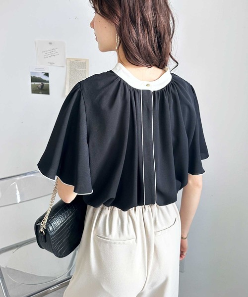 GeeRA（ジーラ）の「夏コーデに大活躍！前後2WAY配色フレアー袖ブラウス（シャツ/ブラウス・レディース・ベージュ/ブラック/アイボリー・SMALL/MEDIUM/LARGE/X-LARGE）」の12枚目の写真