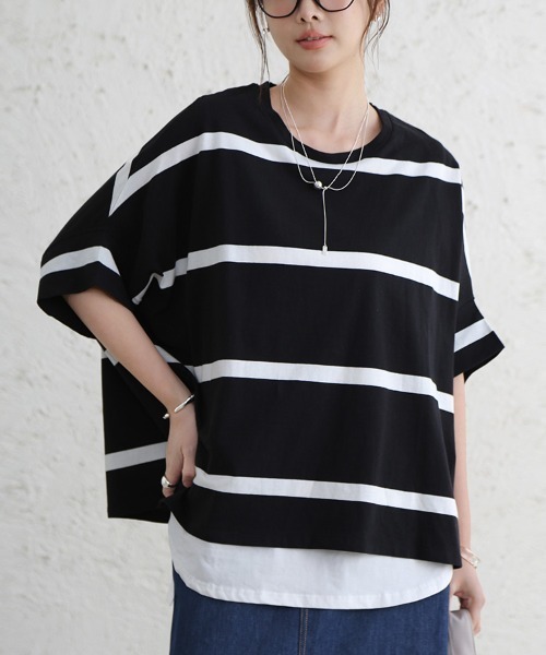 Doux Belle(ドゥーベル)の「ボーダー半袖モモンガTシャツ(Tシャツ/カットソー・レディース・ブラック/ベージュ/グレー/オフホワイト・MEDIUM)」の1枚目の写真