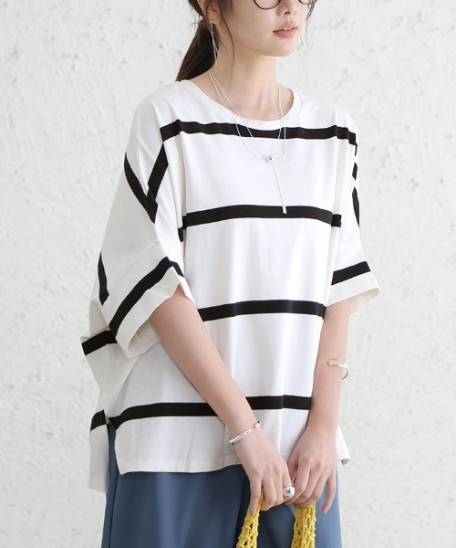 Doux Belle(ドゥーベル)の「ボーダー半袖モモンガTシャツ(Tシャツ/カットソー・レディース・ブラック/ベージュ/グレー/オフホワイト・MEDIUM)」の5枚目の写真