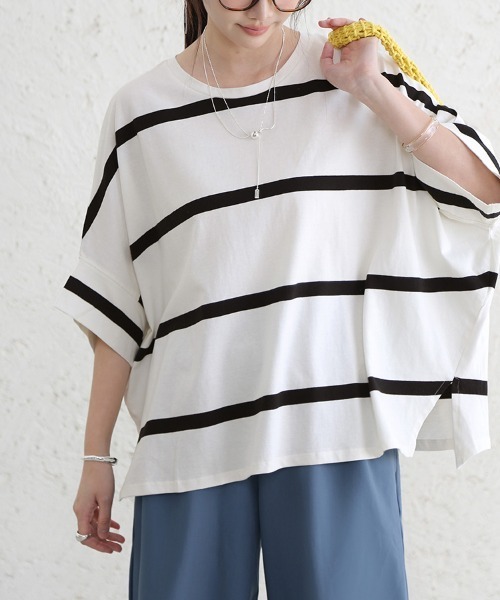 Doux Belle(ドゥーベル)の「ボーダー半袖モモンガTシャツ(Tシャツ/カットソー・レディース・ブラック/ベージュ/グレー/オフホワイト・MEDIUM)」の6枚目の写真