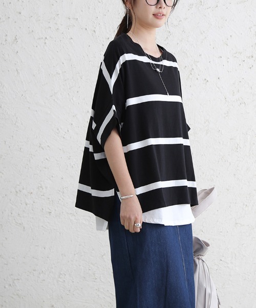 Doux Belle(ドゥーベル)の「ボーダー半袖モモンガTシャツ(Tシャツ/カットソー・レディース・ブラック/ベージュ/グレー/オフホワイト・MEDIUM)」の11枚目の写真
