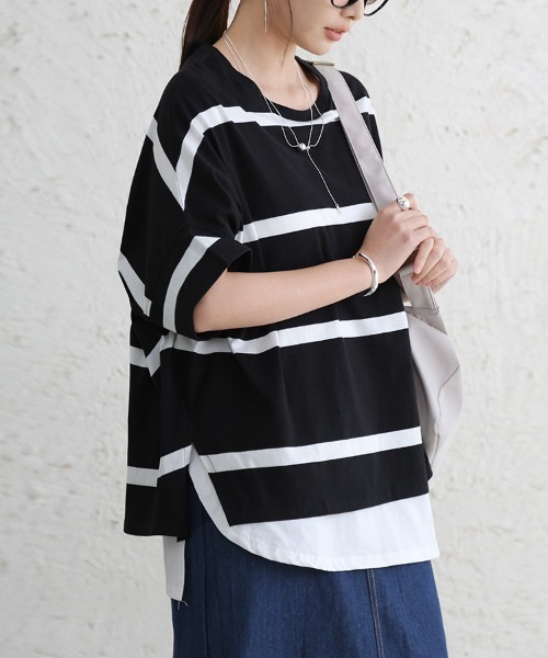 Doux Belle(ドゥーベル)の「ボーダー半袖モモンガTシャツ(Tシャツ/カットソー・レディース・ブラック/ベージュ/グレー/オフホワイト・MEDIUM)」の13枚目の写真