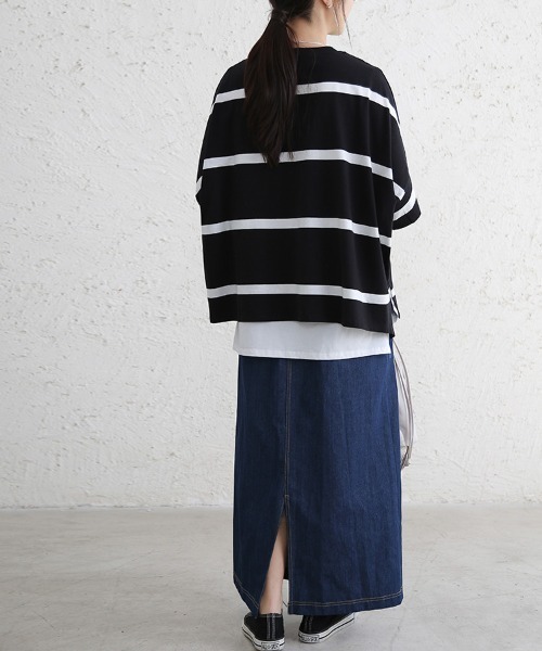 Doux Belle(ドゥーベル)の「ボーダー半袖モモンガTシャツ(Tシャツ/カットソー・レディース・ブラック/ベージュ/グレー/オフホワイト・MEDIUM)」の15枚目の写真