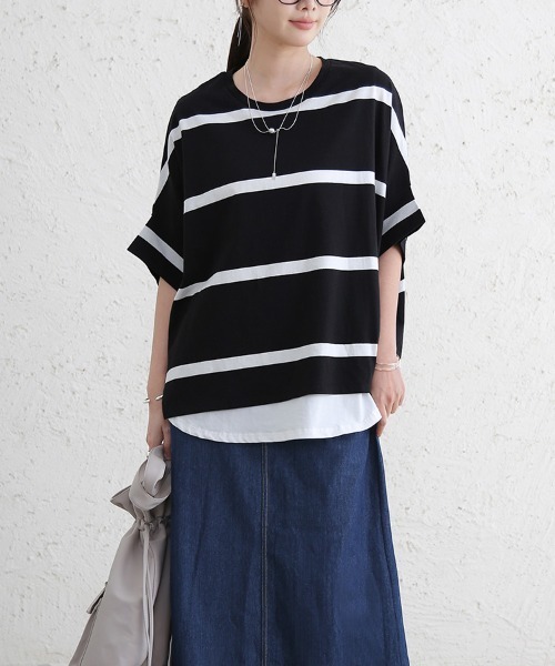 Doux Belle(ドゥーベル)の「ボーダー半袖モモンガTシャツ(Tシャツ/カットソー・レディース・ブラック/ベージュ/グレー/オフホワイト・MEDIUM)」の16枚目の写真