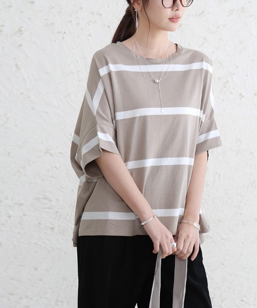 Doux Belle(ドゥーベル)の「ボーダー半袖モモンガTシャツ(Tシャツ/カットソー・レディース・ブラック/ベージュ/グレー/オフホワイト・MEDIUM)」の18枚目の写真