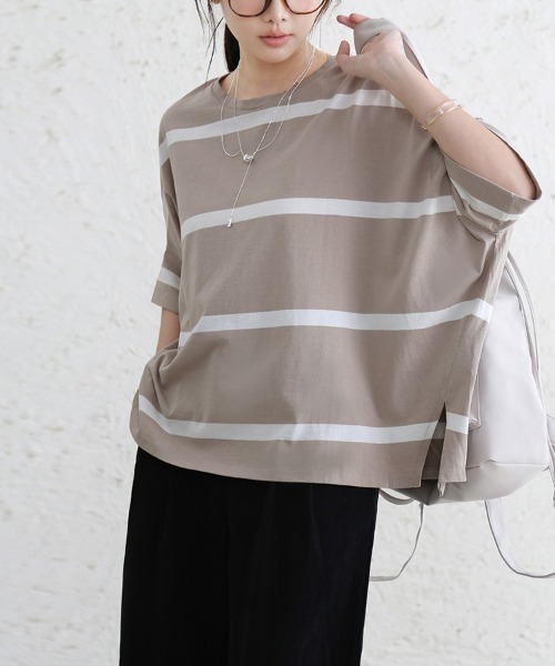 Doux Belle(ドゥーベル)の「ボーダー半袖モモンガTシャツ(Tシャツ/カットソー・レディース・ブラック/ベージュ/グレー/オフホワイト・MEDIUM)」の19枚目の写真