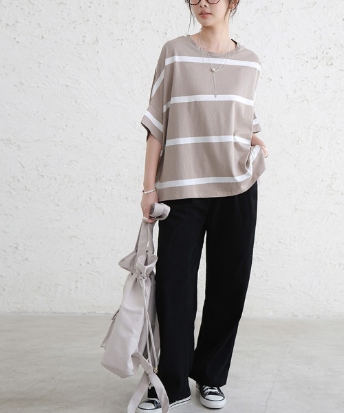 Doux Belle(ドゥーベル)の「ボーダー半袖モモンガTシャツ(Tシャツ/カットソー・レディース・ブラック/ベージュ/グレー/オフホワイト・MEDIUM)」の21枚目の写真