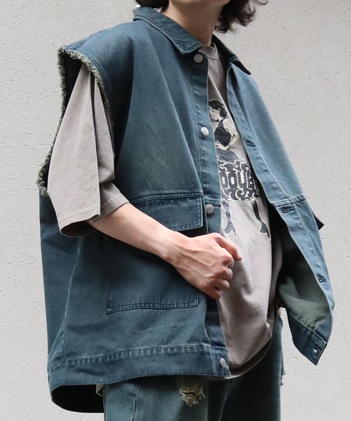 Starting Over(スターティングオーバー)の「denim fringe overdye vest/デニム フリンジ オーバーダイ ベスト(ベスト・メンズ・ブルー/ブラック・XL/L/M)」の2枚目の写真