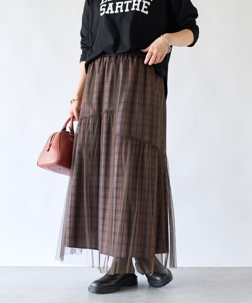 un dix cors（アンディコール）の「チェックチュールスカート（スカート・レディース・ネイビー/ブラウン・FREE）」の2枚目の写真