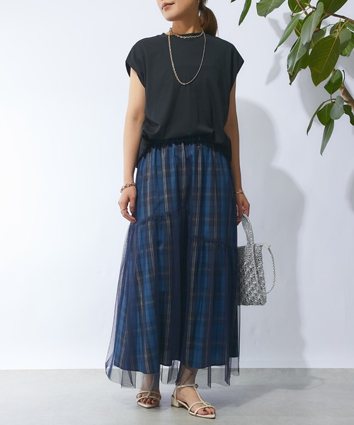 un dix cors（アンディコール）の「チェックチュールスカート（スカート・レディース・ネイビー/ブラウン・FREE）」の3枚目の写真