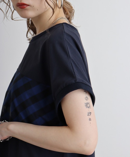 tシャツ Eglantine チェック切替　ロゴプリントカットソー レディース EGLANTINE tシャツ Eglantine チェック切替 ロゴプリント