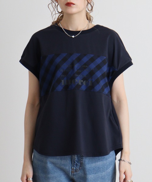 EGLANTINE(エグランティーヌ)の「Eglantine チェック切替 ロゴプリントカットソー(Tシャツ/カットソー・レディース・ブラック/ネイビー・40)」の14枚目の写真