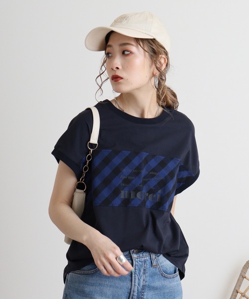 tシャツ Eglantine チェック切替　ロゴプリントカットソー レディース EGLANTINE tシャツ Eglantine チェック切替 ロゴプリント