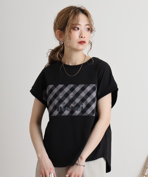 tシャツ Eglantine チェック切替　ロゴプリントカットソー レディース EGLANTINE tシャツ Eglantine チェック切替 ロゴプリント