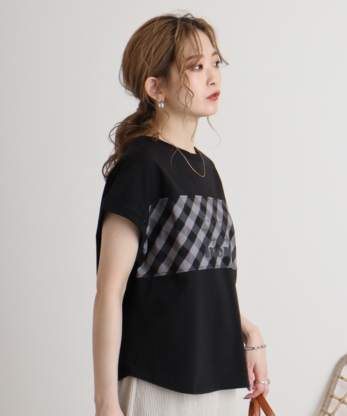 EGLANTINE(エグランティーヌ)の「Eglantine チェック切替 ロゴプリントカットソー(Tシャツ/カットソー・レディース・ブラック/ネイビー・40)」の5枚目の写真