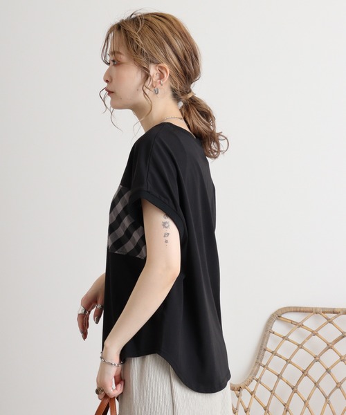 EGLANTINE(エグランティーヌ)の「Eglantine チェック切替 ロゴプリントカットソー(Tシャツ/カットソー・レディース・ブラック/ネイビー・40)」の6枚目の写真