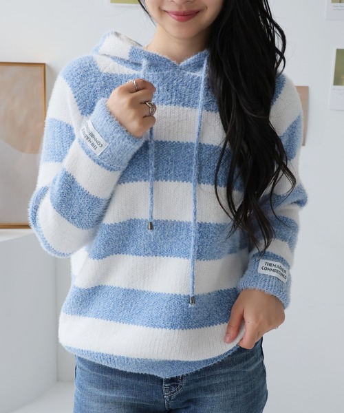 Girly Doll（ガーリードール）の「フード付きボーダーニットプルオーバー（パーカー・レディース・ネイビー/グリーン/ピンク/ブラック/ブルー・F）」の4枚目の写真