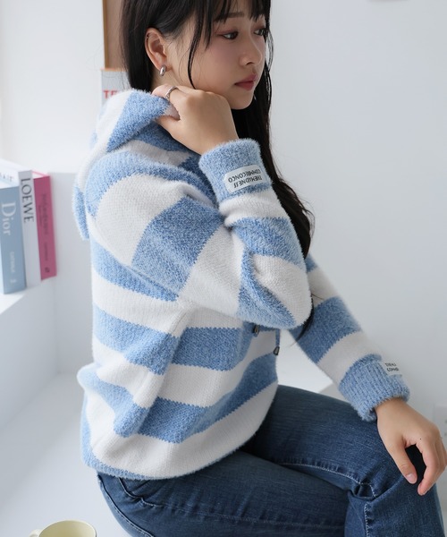 Girly Doll（ガーリードール）の「フード付きボーダーニットプルオーバー（パーカー・レディース・ネイビー/グリーン/ピンク/ブラック/ブルー・F）」の16枚目の写真