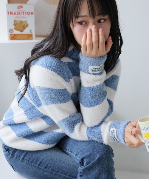 Girly Doll（ガーリードール）の「フード付きボーダーニットプルオーバー（パーカー・レディース・ネイビー/グリーン/ピンク/ブラック/ブルー・F）」の17枚目の写真