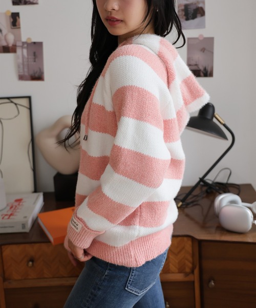 BURBERRY BLUE LABEL ボーダー ニット プルオーバーパーカー フード付きボーダーニットプルオーバー（パーカー）｜Girly Doll