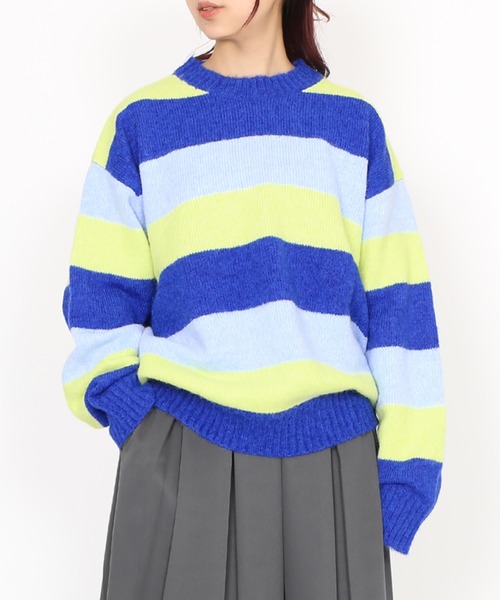 PUNYUS（プニュズ）の「マルチボーダーオーバーニット（ニット/セーター・レディース・ブルー/グレー/ブラウン・3/4/1/2）」の3枚目の写真