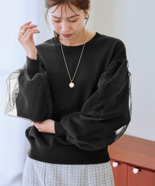 nissen(ニッセン)の「袖チュールニット(ニット/セーター・レディース・杢グレー/ブラック/モカ・M/S/LL/L)」の2枚目の写真