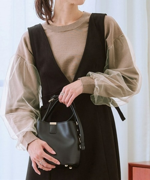 nissen(ニッセン)の「袖チュールニット(ニット/セーター・レディース・杢グレー/ブラック/モカ・M/S/LL/L)」の1枚目の写真