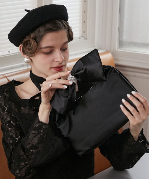 BONLECILL noir】サテンリボンハンドルスクエアバッグ（ハンドバッグ