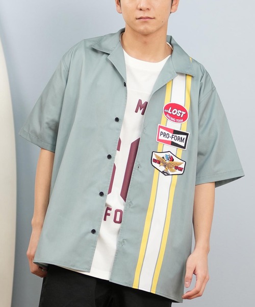 L 半袖シャツ LOST ロスト 半袖シャツ メンズ 総柄 柄シャツ 水陸両用 セットアップ