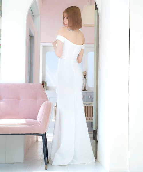 BCBGMAXAZRIA オフショルダースリットツーピースドレス XSサイズあり【an /アン】チュール/ オフショルダー/ リボン