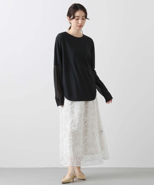 Gready Brilliant(グレディブリリアン)の「袖シアー裾ラウンドカットソー(Tシャツ/カットソー・レディース・オフホワイト/ブラック・FREE)」の10枚目の写真