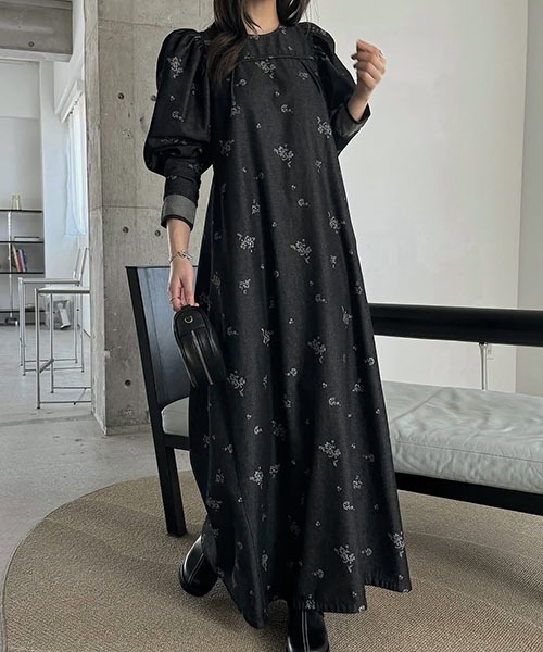セール】flower print volume gather sleeve denim OP