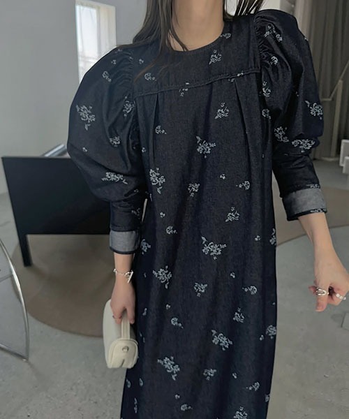 ワンピース willufully hope gather sleeve front tab セール】flower print volume gather sleeve denim OP