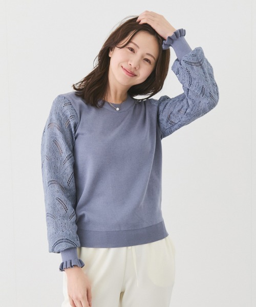 Jayro（ジャイロ）の「袖レースニットプルオーバー（Tシャツ/カットソー・レディース・ホワイト/ネイビー/ブラック/ブルー系その他4・FREE）」の4枚目の写真