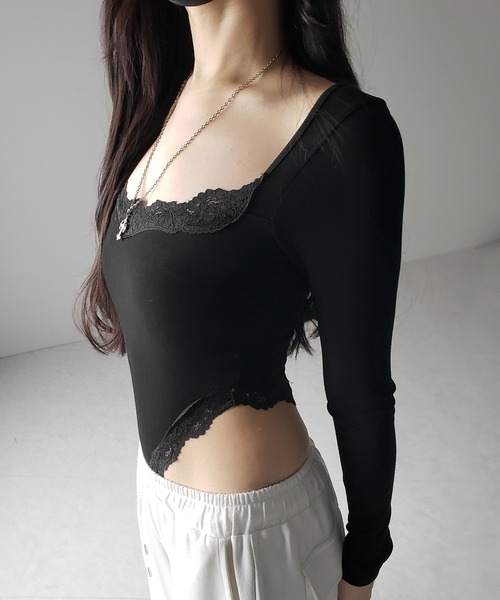 me+em select（ミームセレクト）の「【 ３color 】カットアウトレースポイントボディスーツトップス ／cutout lace point bodysuit tops（Tシャツ/カットソー・レディース・ブラック/ホワイト/ピンク・FREE）」の14枚目の写真