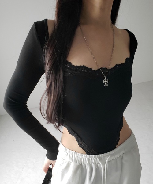 me+em select（ミームセレクト）の「【 ３color 】カットアウトレースポイントボディスーツトップス ／cutout lace point bodysuit tops（Tシャツ/カットソー・レディース・ブラック/ホワイト/ピンク・FREE）」の15枚目の写真