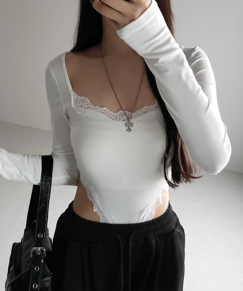 me+em select（ミームセレクト）の「【 ３color 】カットアウトレースポイントボディスーツトップス ／cutout lace point bodysuit tops（Tシャツ/カットソー・レディース・ブラック/ホワイト/ピンク・FREE）」の4枚目の写真