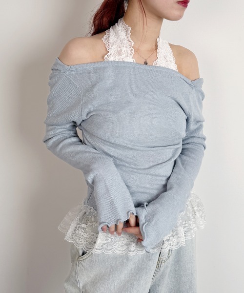 NANAHACHI(ナナハチ)の「オフショルダー レースポイント ニット(ニット/セーター・レディース・ピンク/アイボリー/ブラック/ライトブルー・FREE)」の10枚目の写真