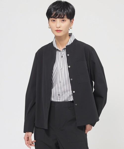【新品】手洗可 GALERIE VIE フーデッドシャツジャケット ¥29700 quaranciel:〈手洗い可能〉ノーカラー ポケット ニット