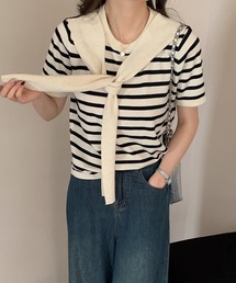 カーディガン風アクセント付き半袖ニットトップス (SS)