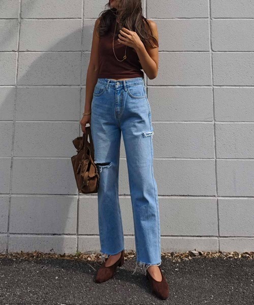 esutoreja（エストレジャ）の「クラッシュダメージデニム（デニムパンツ・レディース・ライトブルー・S/M）」の4枚目の写真