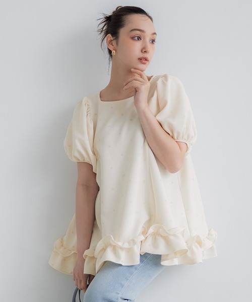 【なな】OHGA　キャンディードットフリルブラウス 洗える M アイボリー なな様専用】OHGA キャンディードットフリルブラウス 洗える M