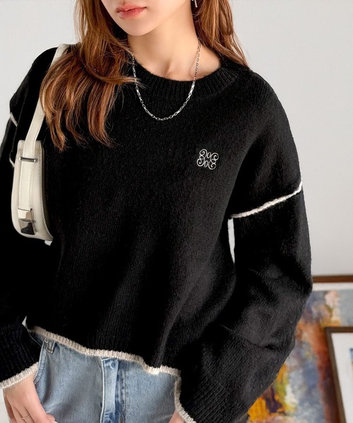 mily bilet(ミウィビレット)の「【mily bilet】シンプルながらも個性が引き立つ。アウトリンキング胸刺繍ミックスニット(ニット/セーター・レディース・グレー/ベージュ/ブラウン/ブラック・X-LARGE/SMALL/MEDIUM/LARGE)」の1枚目の写真