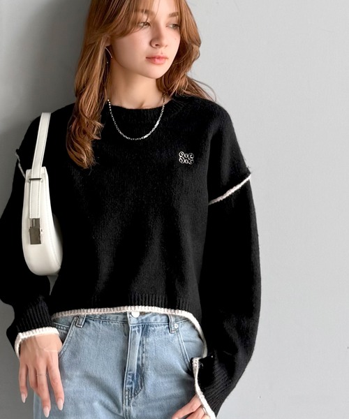 mily bilet(ミウィビレット)の「【mily bilet】シンプルながらも個性が引き立つ。アウトリンキング胸刺繍ミックスニット(ニット/セーター・レディース・グレー/ベージュ/ブラウン/ブラック・X-LARGE/SMALL/MEDIUM/LARGE)」の7枚目の写真