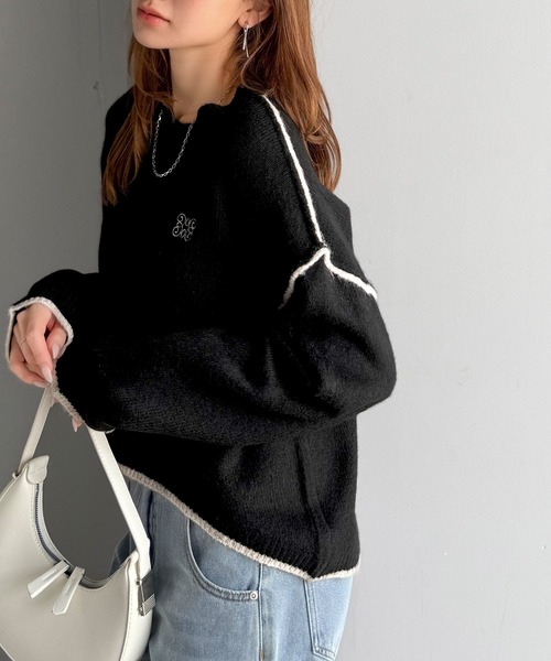 mily bilet(ミウィビレット)の「【mily bilet】シンプルながらも個性が引き立つ。アウトリンキング胸刺繍ミックスニット(ニット/セーター・レディース・グレー/ベージュ/ブラウン/ブラック・X-LARGE/SMALL/MEDIUM/LARGE)」の9枚目の写真