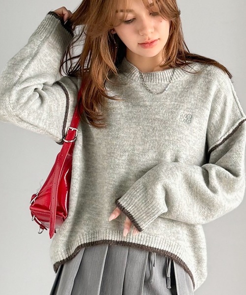 mily bilet(ミウィビレット)の「【mily bilet】シンプルながらも個性が引き立つ。アウトリンキング胸刺繍ミックスニット(ニット/セーター・レディース・グレー/ベージュ/ブラウン/ブラック・X-LARGE/SMALL/MEDIUM/LARGE)」の11枚目の写真