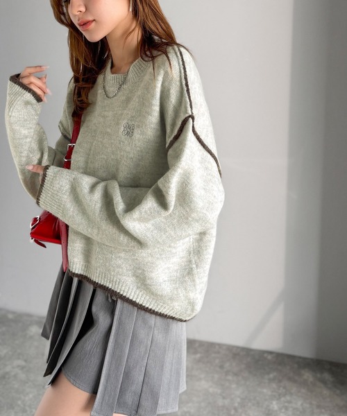 mily bilet(ミウィビレット)の「【mily bilet】シンプルながらも個性が引き立つ。アウトリンキング胸刺繍ミックスニット(ニット/セーター・レディース・グレー/ベージュ/ブラウン/ブラック・X-LARGE/SMALL/MEDIUM/LARGE)」の10枚目の写真