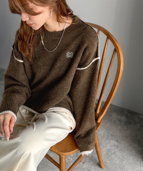 mily bilet(ミウィビレット)の「【mily bilet】シンプルながらも個性が引き立つ。アウトリンキング胸刺繍ミックスニット(ニット/セーター・レディース・グレー/ベージュ/ブラウン/ブラック・X-LARGE/SMALL/MEDIUM/LARGE)」の14枚目の写真