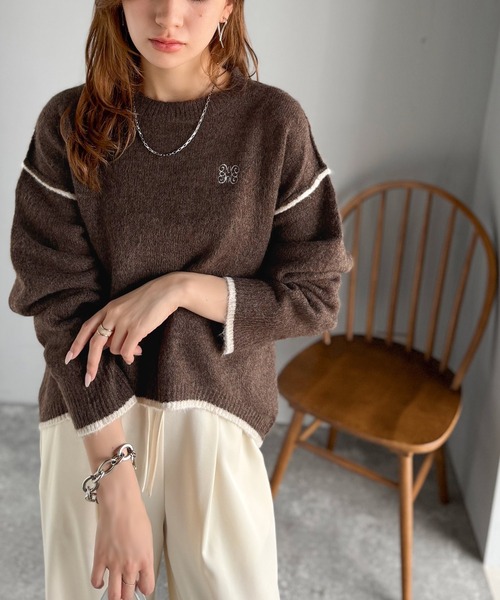 mily bilet(ミウィビレット)の「【mily bilet】シンプルながらも個性が引き立つ。アウトリンキング胸刺繍ミックスニット(ニット/セーター・レディース・グレー/ベージュ/ブラウン/ブラック・X-LARGE/SMALL/MEDIUM/LARGE)」の16枚目の写真